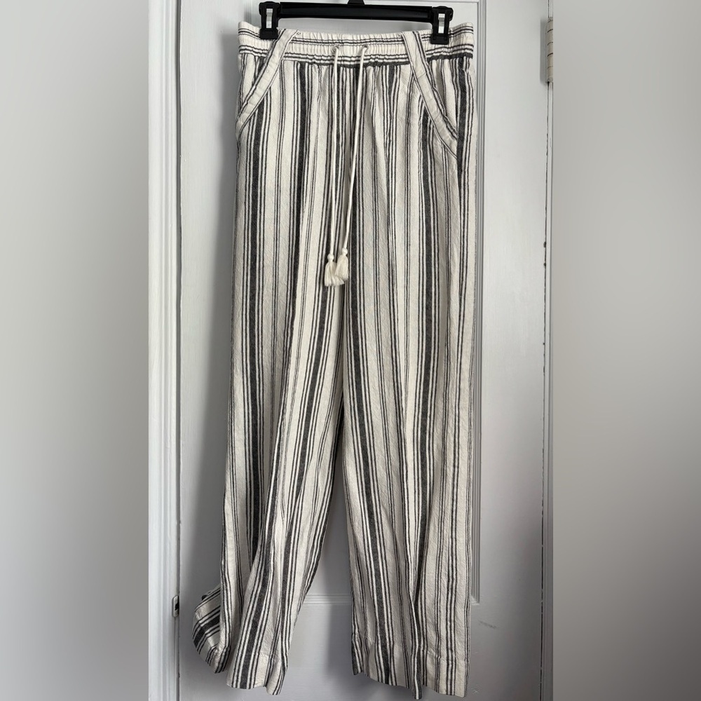 Women’s Boho Striped Wide Leg Linen Blend  Pants Tassel Drawstring Waist Small